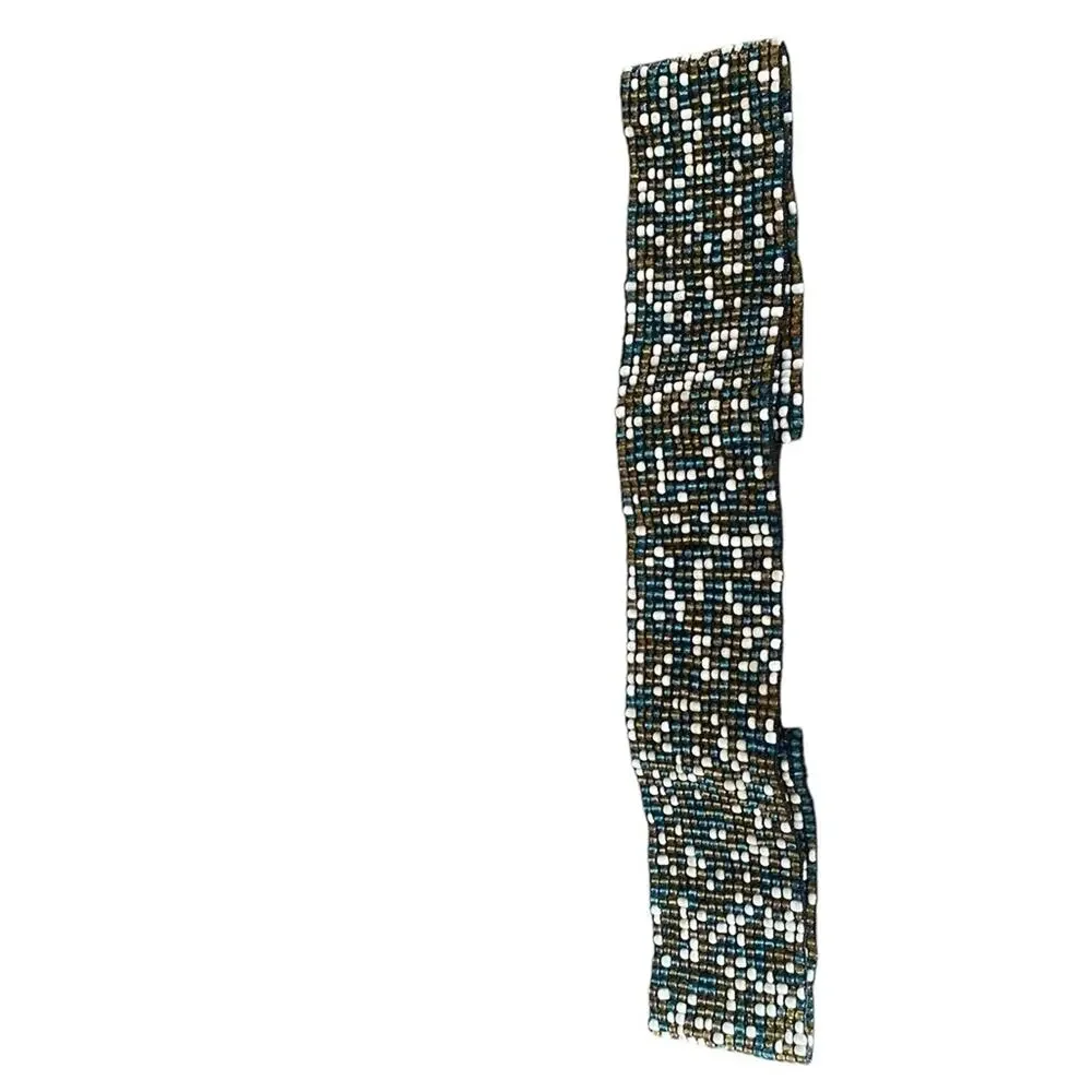 Vintage Beaded Stretchy Wide Waist Belt Wood Buckle Green Cream Gold